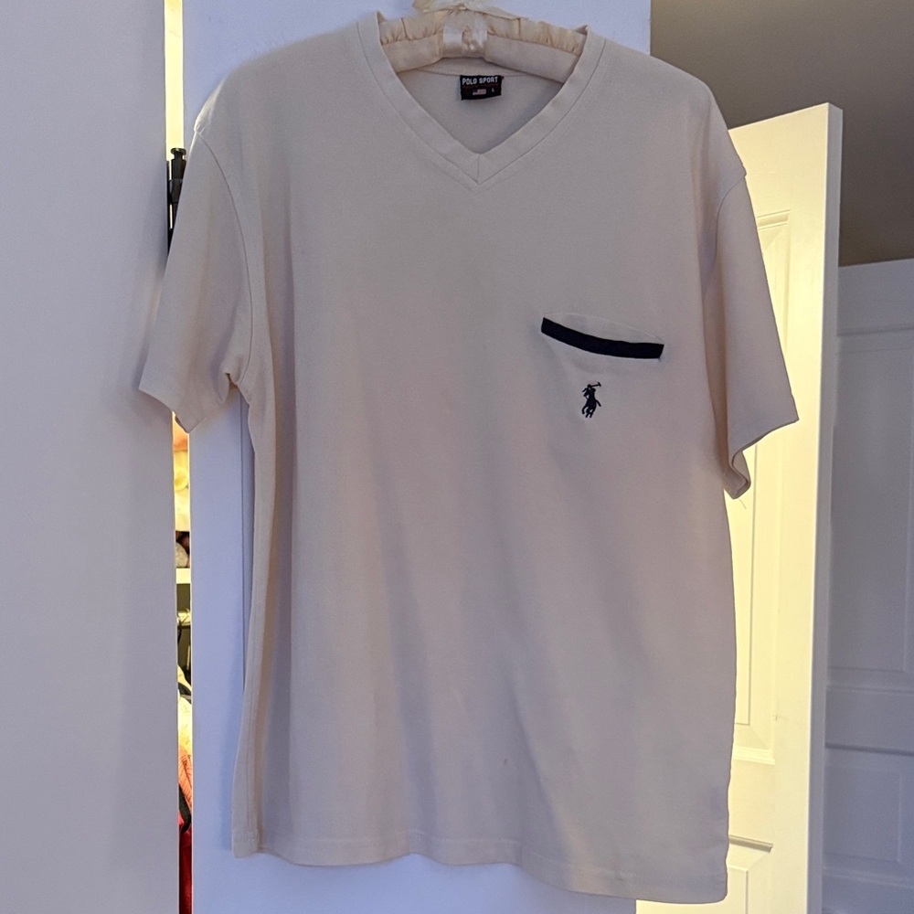 Vintage Polo by Ralph Lauren Men's Cream V-Neck Pocket T-Shirt Large